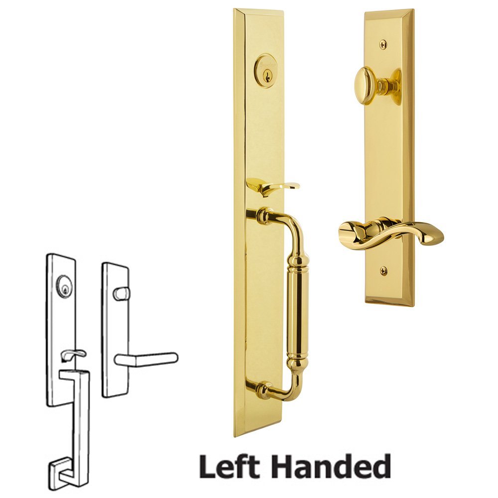 Grandeur One-Piece Handleset with C Grip and Portofino Left Handed Lever in Lifetime Brass
