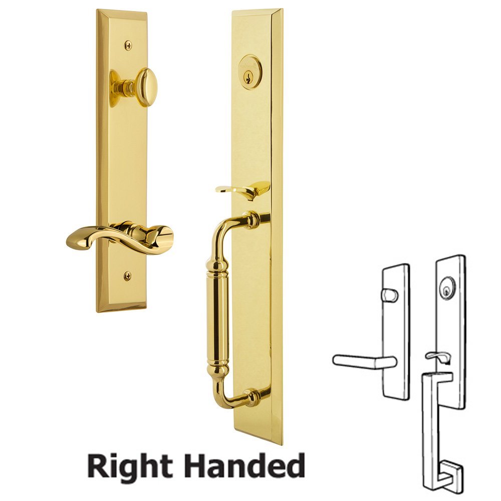 Grandeur One-Piece Handleset with C Grip and Portofino Right Handed Lever in Lifetime Brass