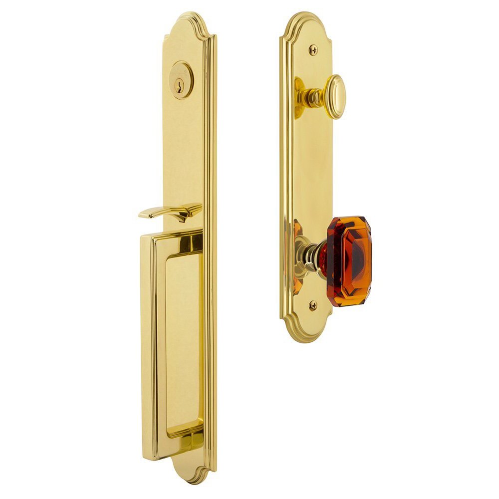 Grandeur Arc One-Piece Handleset with D Grip and Baguette Amber Knob in Lifetime Brass