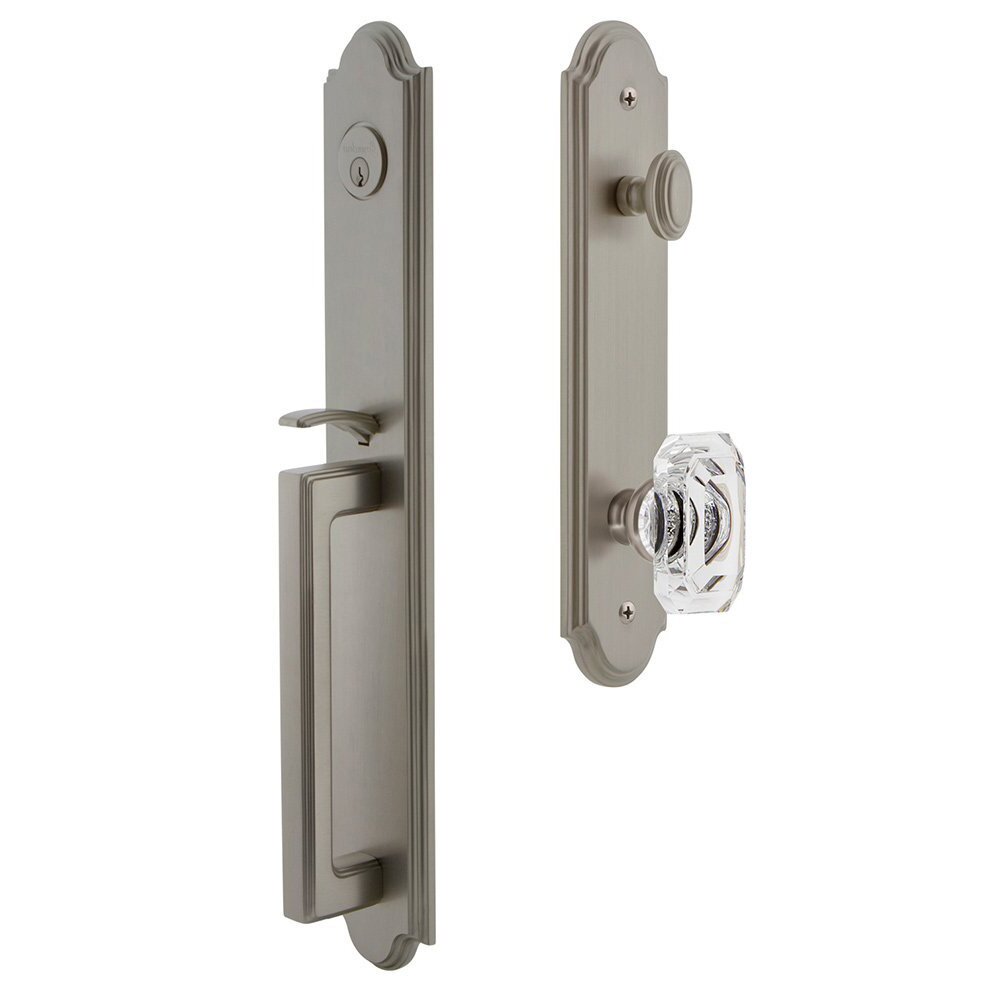 Grandeur Arc One-Piece Handleset with D Grip and Baguette Clear Crystal Knob in Satin Nickel