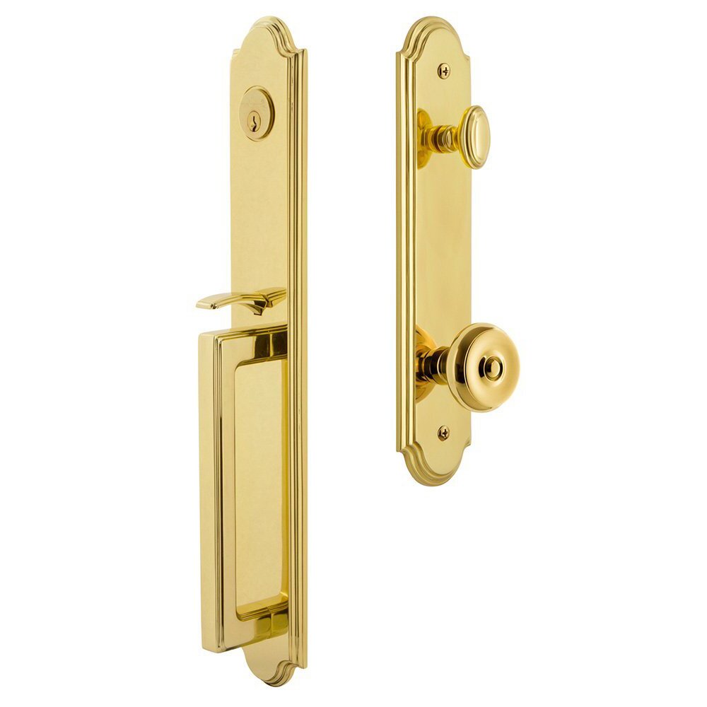 Grandeur Arc One-Piece Handleset with D Grip and Bouton Knob in Lifetime Brass