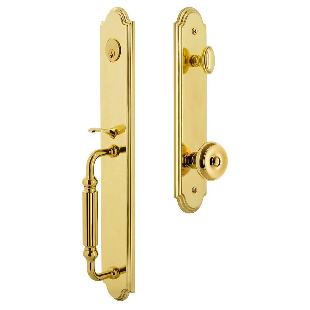 Grandeur Arc One-Piece Handleset with F Grip and Bouton Knob in Lifetime Brass