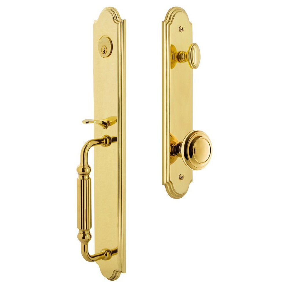 Grandeur Arc One-Piece Handleset with F Grip and Circulaire Knob in Lifetime Brass
