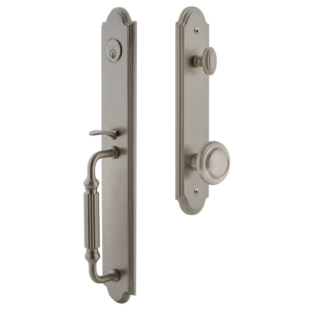 Grandeur Arc One-Piece Handleset with F Grip and Circulaire Knob in Satin Nickel