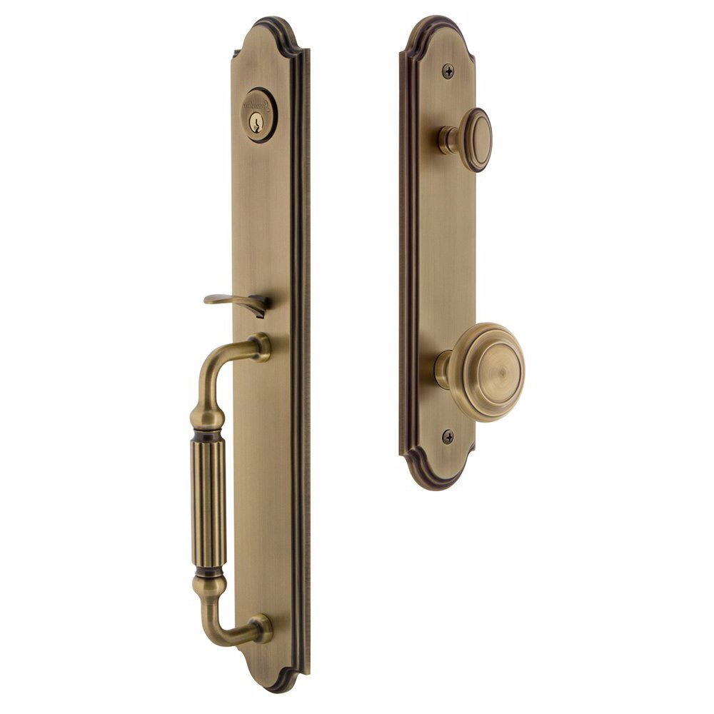 Grandeur Arc One-Piece Handleset with F Grip and Circulaire Knob in Vintage Brass
