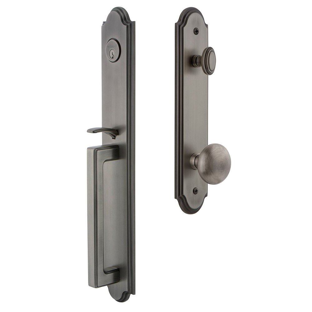 Grandeur Arc One-Piece Handleset with D Grip and Fifth Avenue Knob in Antique Pewter