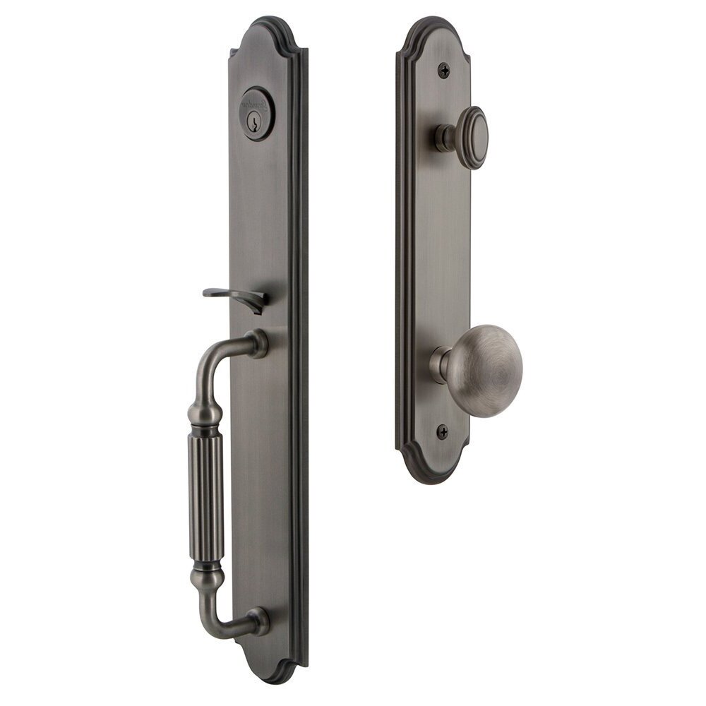 Grandeur Arc One-Piece Handleset with F Grip and Fifth Avenue Knob in Antique Pewter