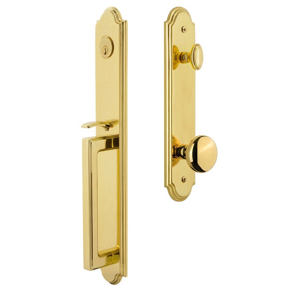Grandeur Arc One-Piece Handleset with D Grip and Fifth Avenue Knob in Lifetime Brass