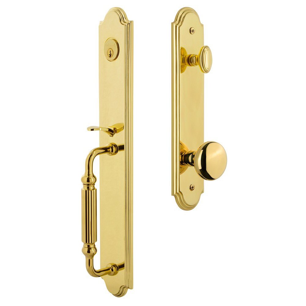 Grandeur Arc One-Piece Handleset with F Grip and Fifth Avenue Knob in Lifetime Brass
