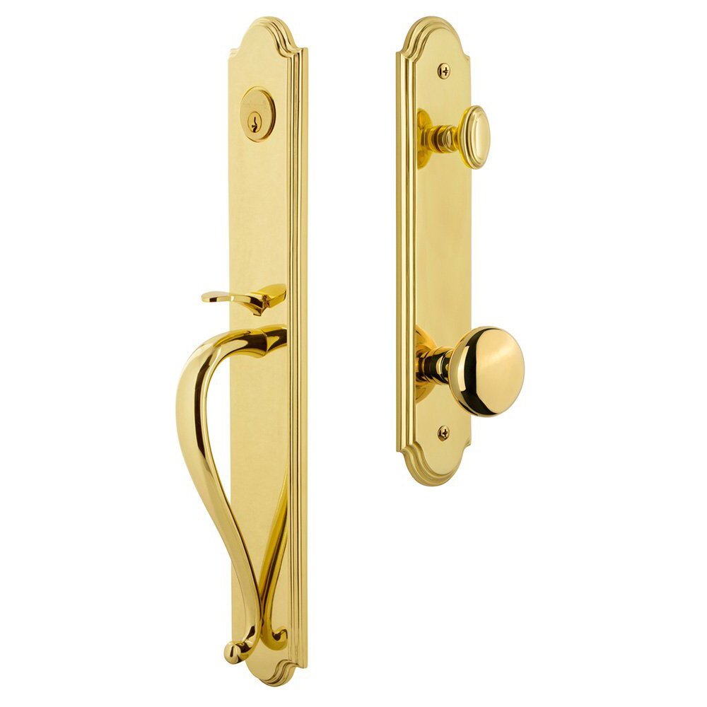 Grandeur Arc One-Piece Handleset with S Grip and Fifth Avenue Knob in Lifetime Brass