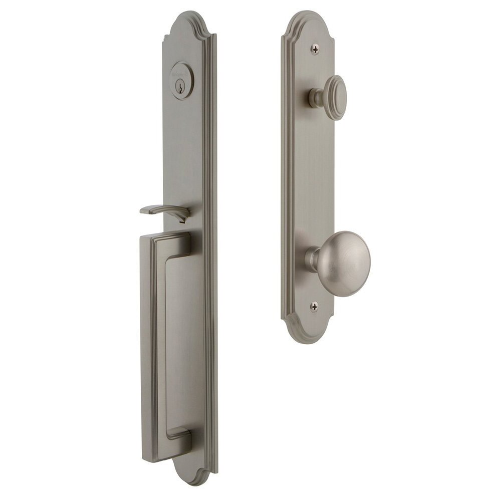 Grandeur Arc One-Piece Handleset with D Grip and Fifth Avenue Knob in Satin Nickel