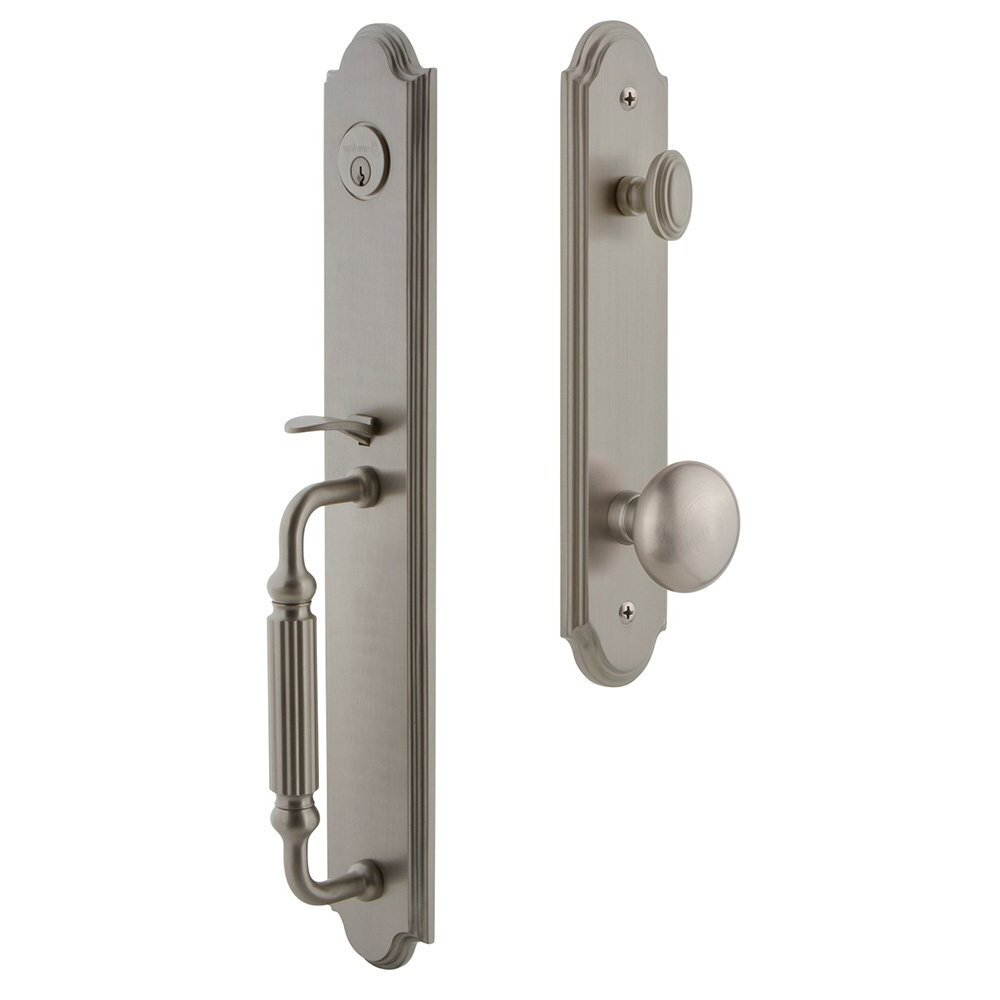 Grandeur Arc One-Piece Handleset with F Grip and Fifth Avenue Knob in Satin Nickel