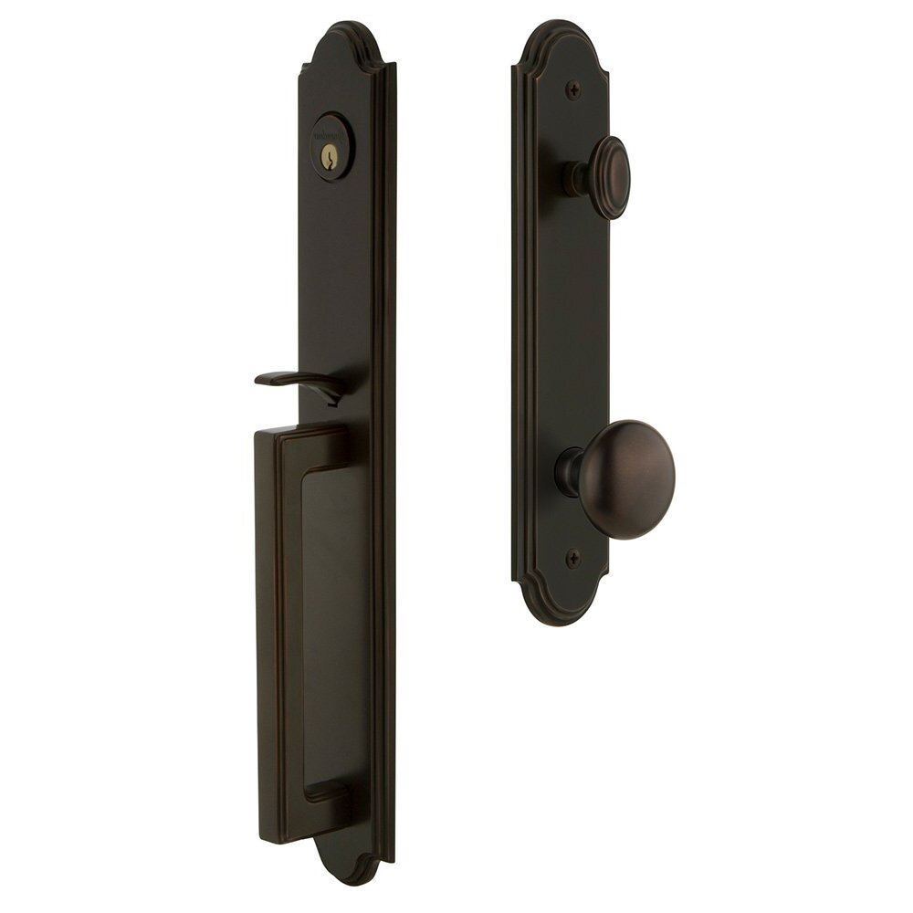 Grandeur Arc One-Piece Handleset with D Grip and Fifth Avenue Knob in Timeless Bronze