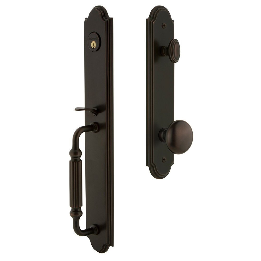 Grandeur Arc One-Piece Handleset with F Grip and Fifth Avenue Knob in Timeless Bronze