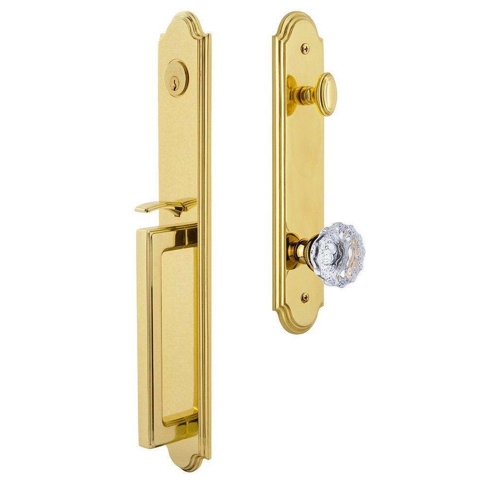 Grandeur Arc One-Piece Handleset with D Grip and Fontainebleau Knob in Lifetime Brass