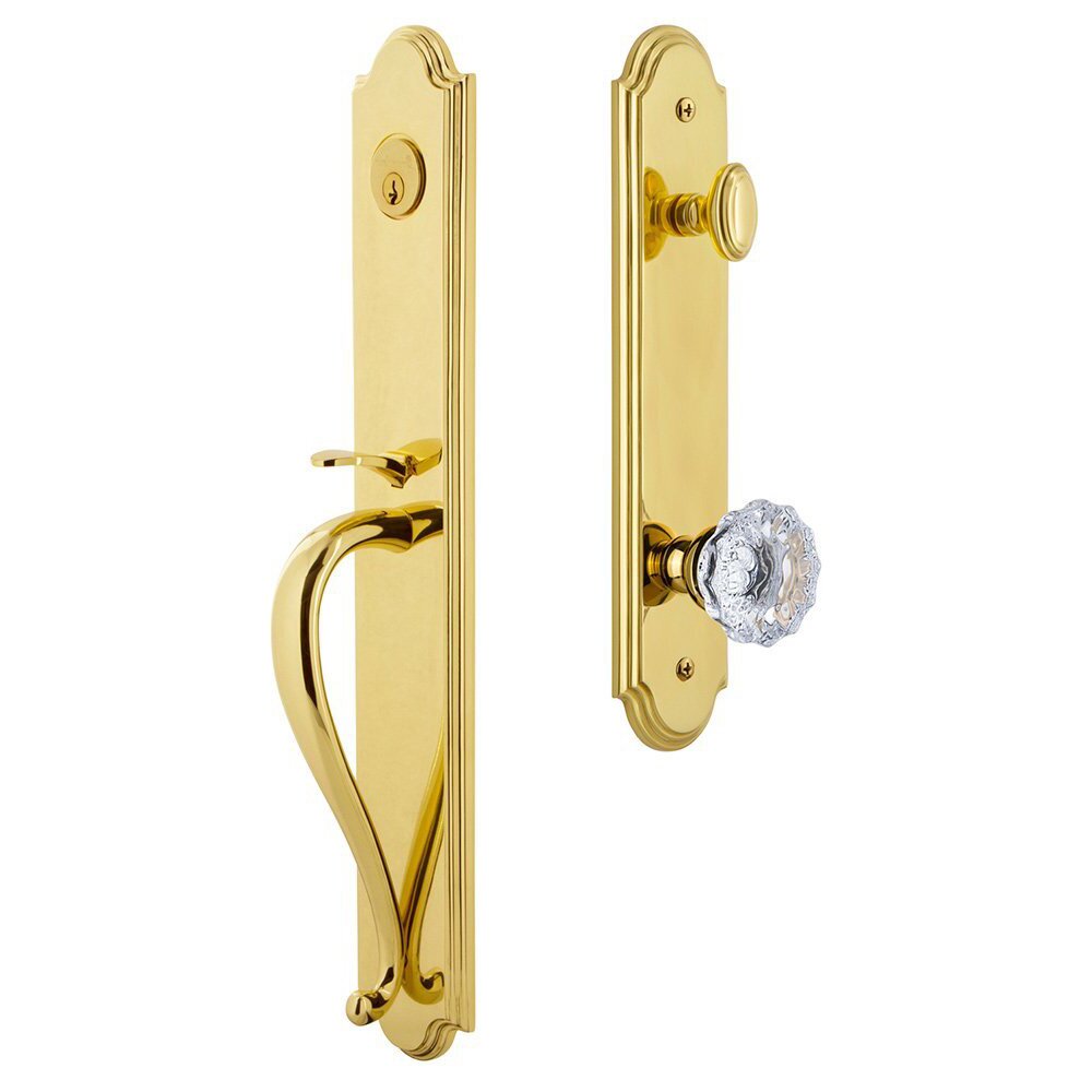 Grandeur Arc One-Piece Handleset with S Grip and Fontainebleau Knob in Lifetime Brass