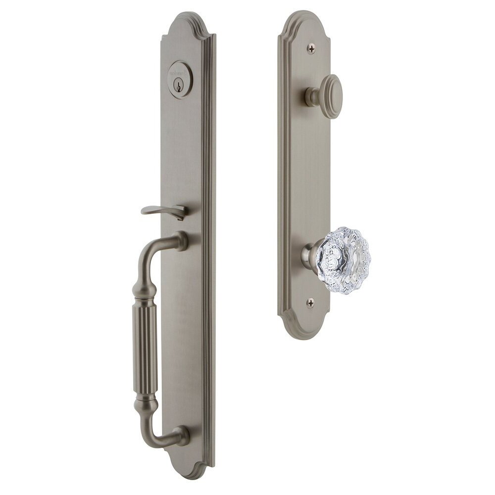 Grandeur Arc One-Piece Handleset with F Grip and Fontainebleau Knob in Satin Nickel
