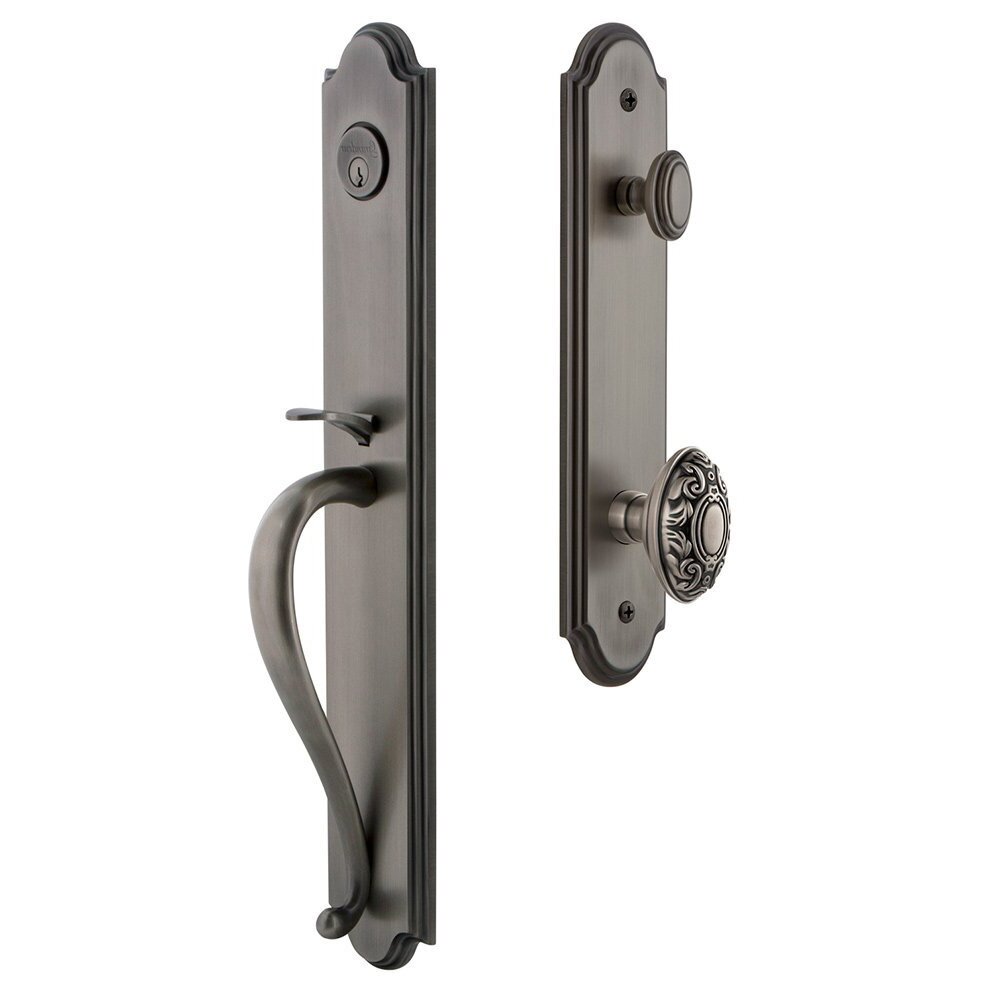 Grandeur Arc One-Piece Handleset with S Grip and Grande Victorian Knob in Antique Pewter