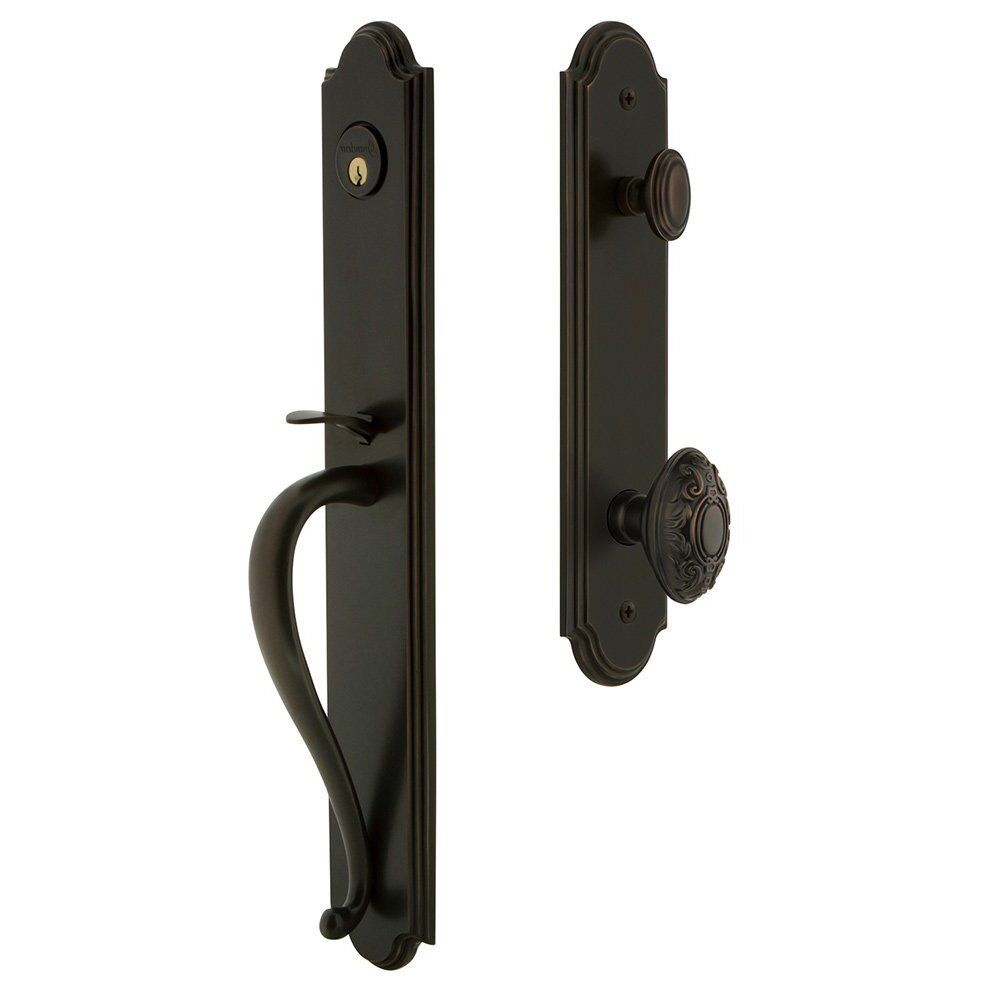 Grandeur Arc One-Piece Handleset with S Grip and Grande Victorian Knob in Timeless Bronze