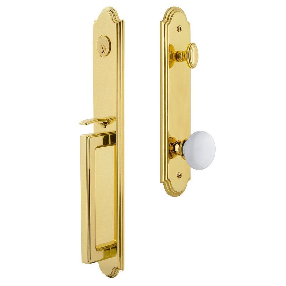 Grandeur Arc One-Piece Handleset with D Grip and Hyde Park Knob in Lifetime Brass