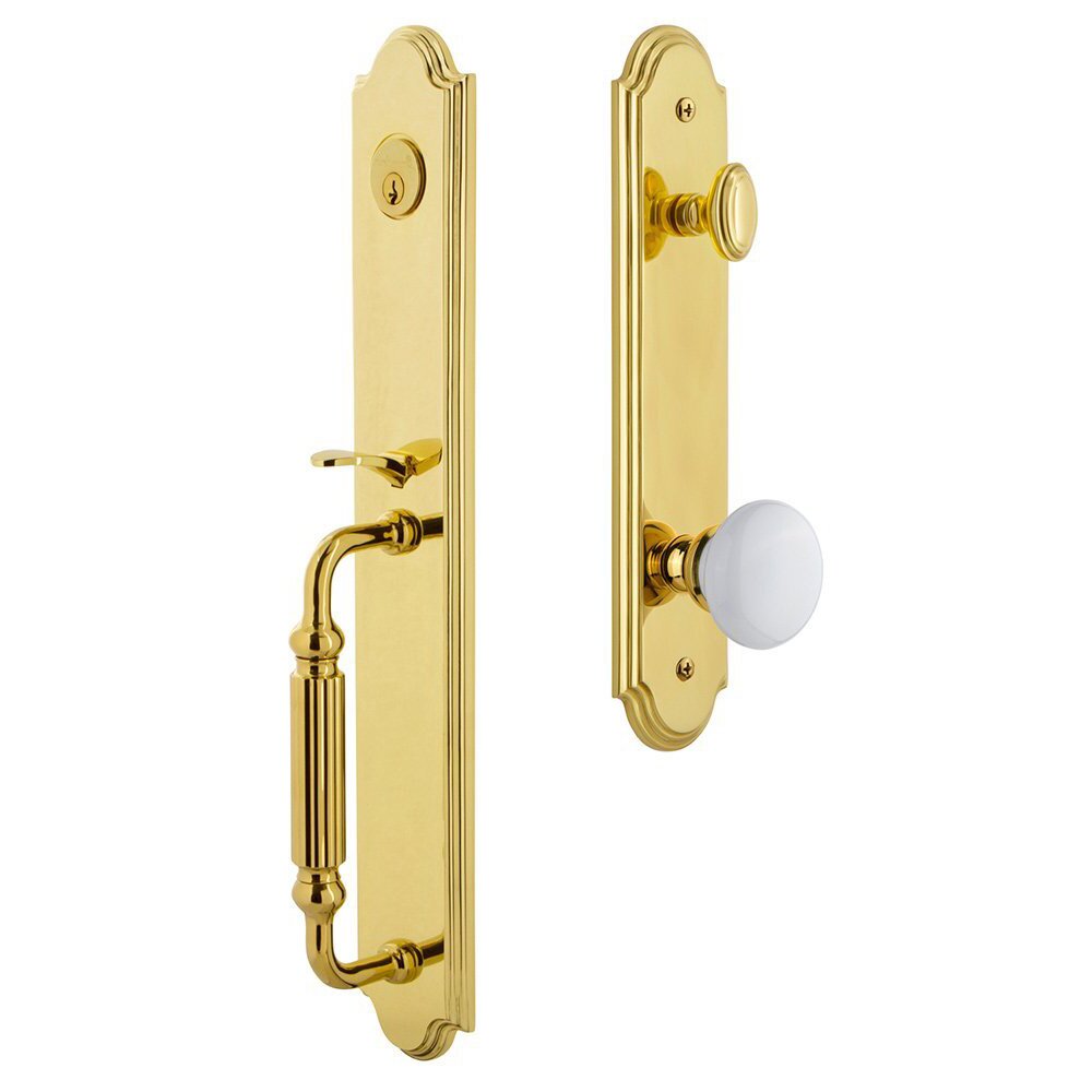 Grandeur Arc One-Piece Handleset with F Grip and Hyde Park Knob in Lifetime Brass
