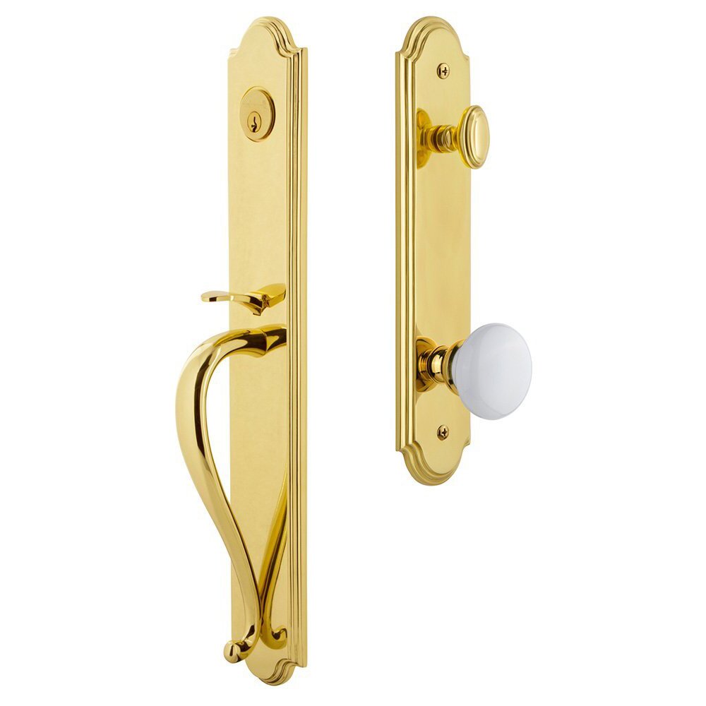 Grandeur Arc One-Piece Handleset with S Grip and Hyde Park Knob in Lifetime Brass