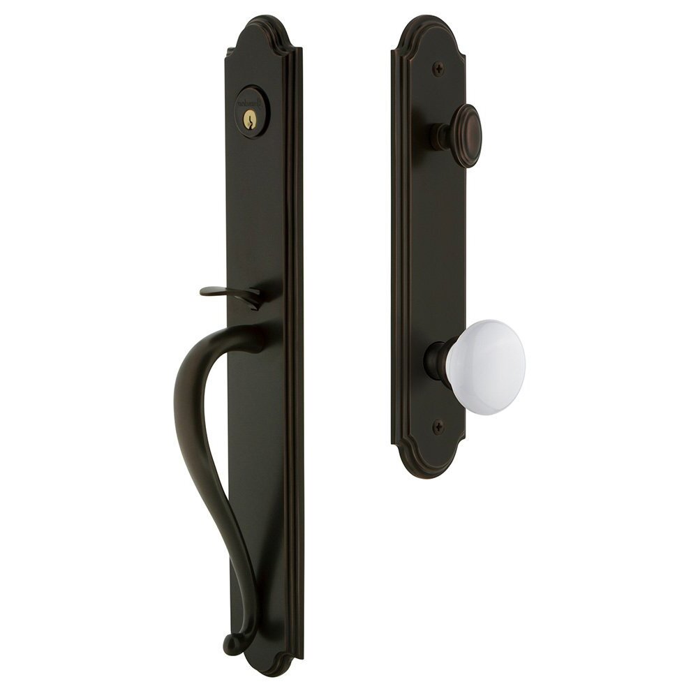 Grandeur Arc One-Piece Handleset with S Grip and Hyde Park Knob in Timeless Bronze