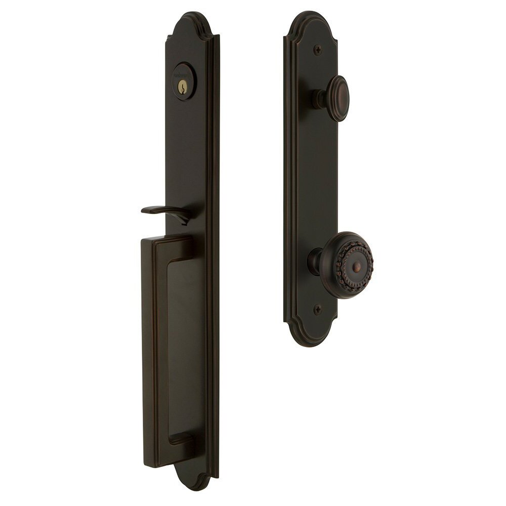 Grandeur Arc One-Piece Handleset with D Grip and Parthenon Knob in Timeless Bronze