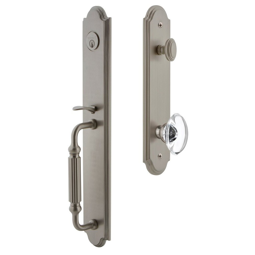 Grandeur Arc One-Piece Handleset with F Grip and Provence Knob in Satin Nickel