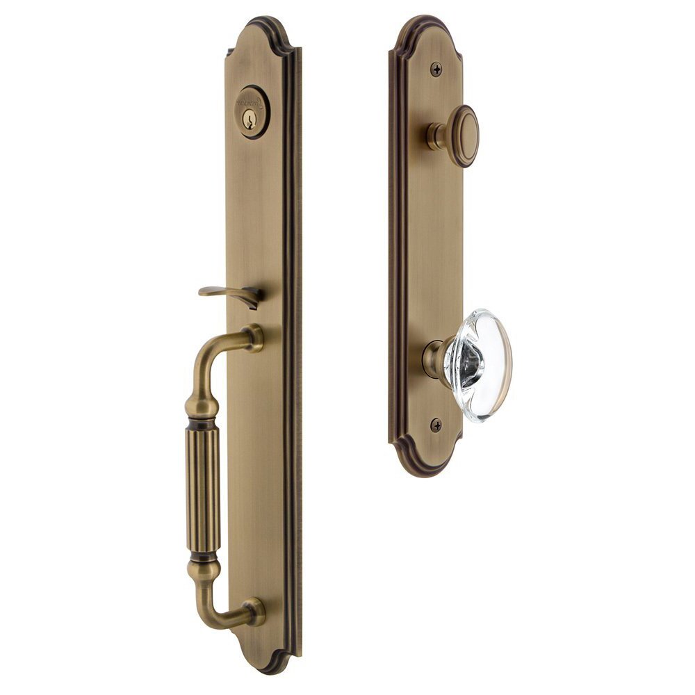 Grandeur Arc One-Piece Handleset with F Grip and Provence Knob in Vintage Brass