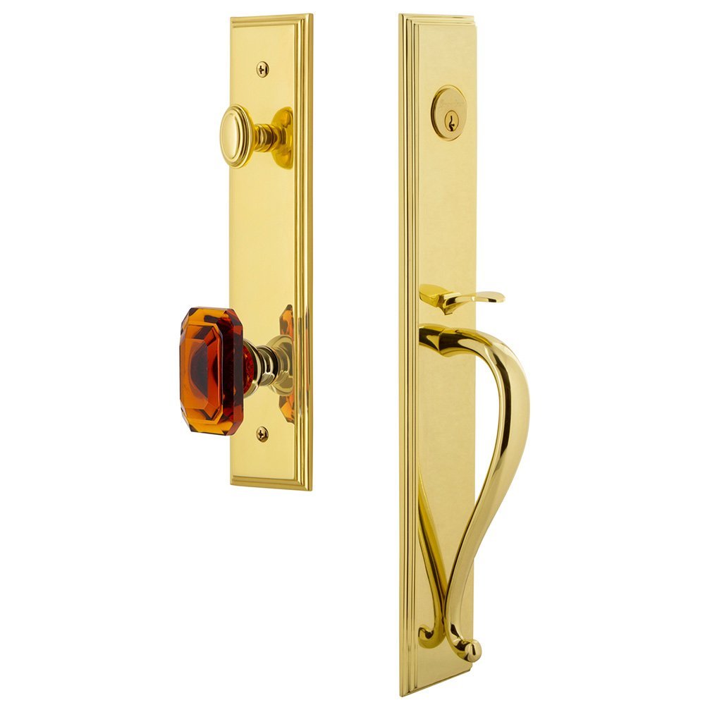 Grandeur One-Piece Handleset with S Grip and Baguette Amber Knob in Lifetime Brass