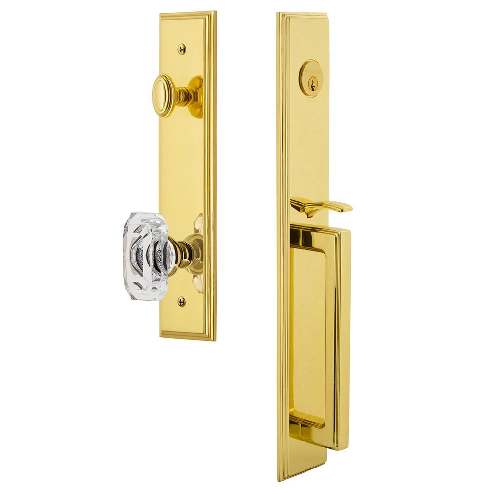 Grandeur One-Piece Handleset with D Grip and Baguette Clear Crystal Knob in Lifetime Brass