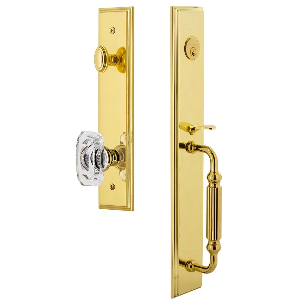 Grandeur One-Piece Handleset with F Grip and Baguette Clear Crystal Knob in Lifetime Brass