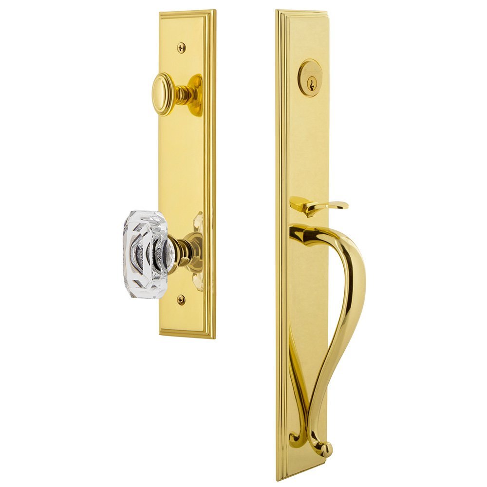 Grandeur One-Piece Handleset with S Grip and Baguette Clear Crystal Knob in Lifetime Brass