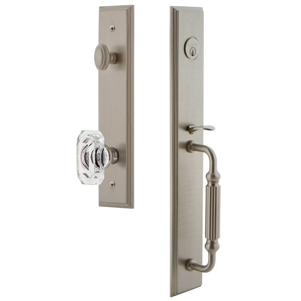 Grandeur One-Piece Handleset with F Grip and Baguette Clear Crystal Knob in Satin Nickel