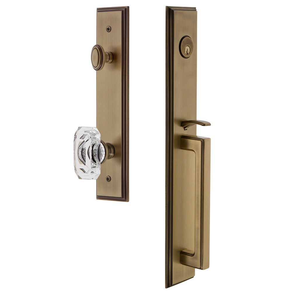 Grandeur One-Piece Handleset with D Grip and Baguette Clear Crystal Knob in Vintage Brass