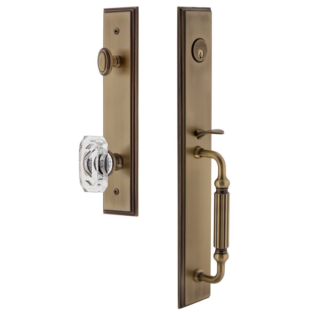 Grandeur One-Piece Handleset with F Grip and Baguette Clear Crystal Knob in Vintage Brass