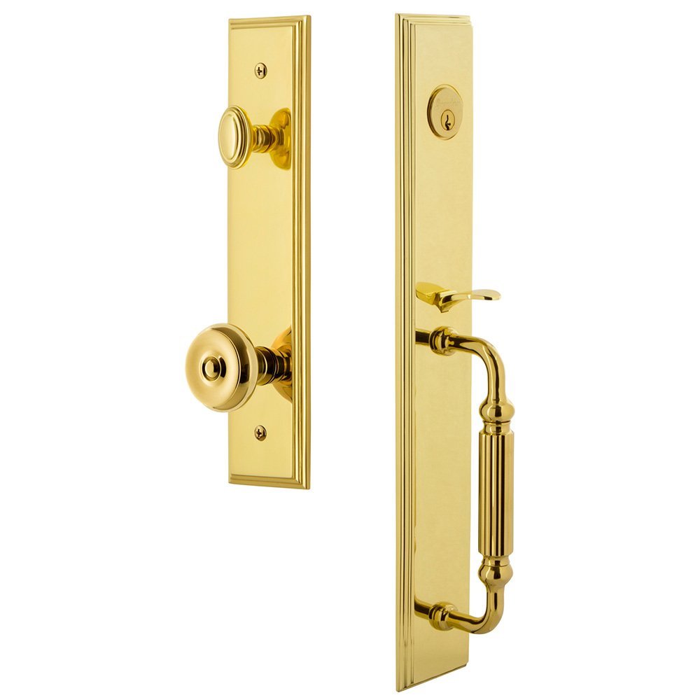Grandeur One-Piece Handleset with F Grip and Bouton Knob in Lifetime Brass