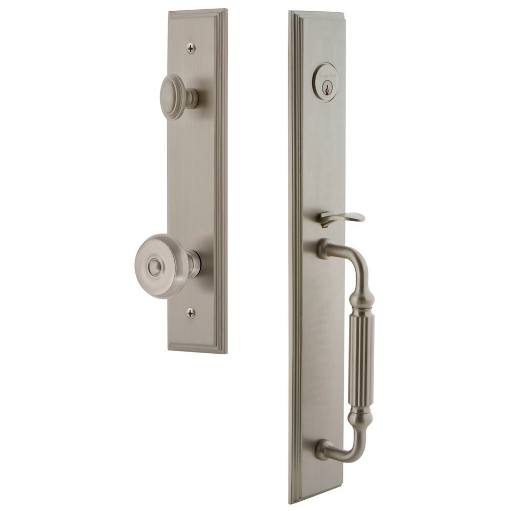 Grandeur One-Piece Handleset with F Grip and Bouton Knob in Satin Nickel