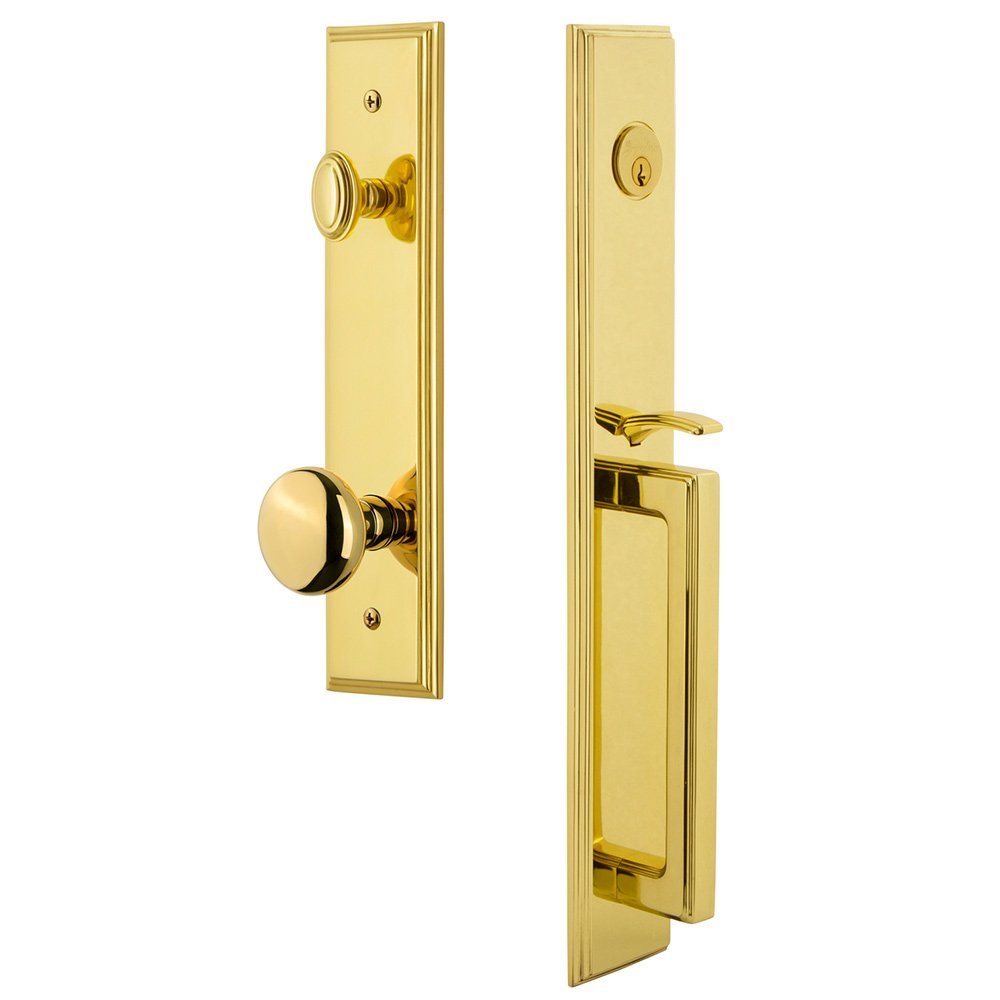 Grandeur One-Piece Handleset with D Grip and Fifth Avenue Knob in Lifetime Brass