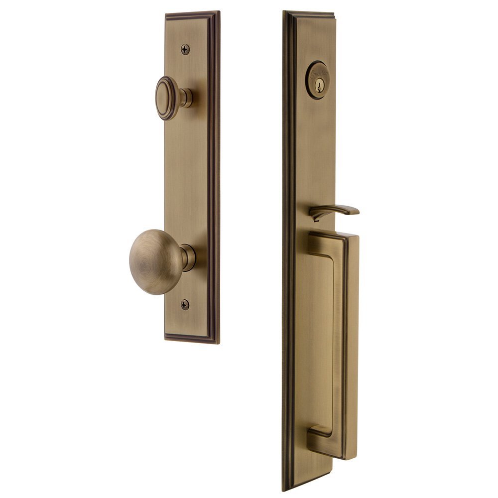 Grandeur One-Piece Handleset with D Grip and Fifth Avenue Knob in Vintage Brass