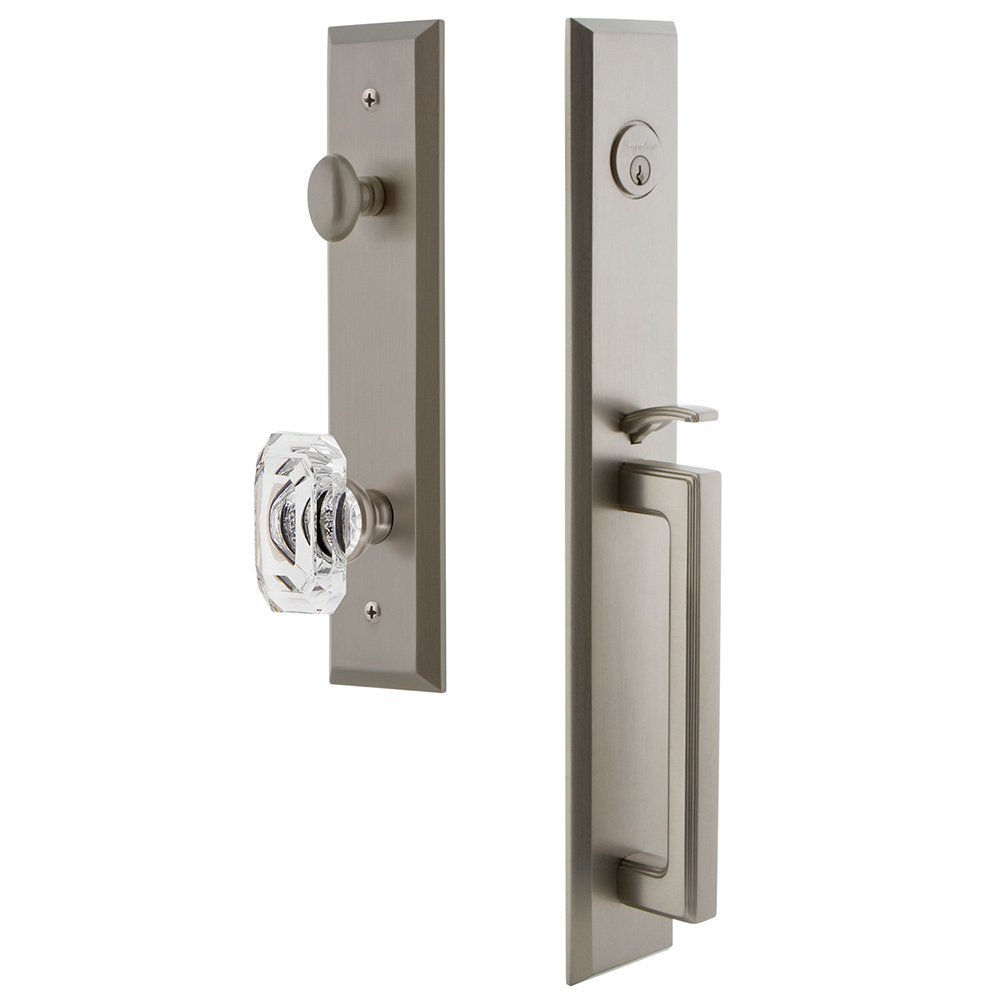 Grandeur One-Piece Handleset with D Grip and Baguette Clear Crystal Knob in Satin Nickel
