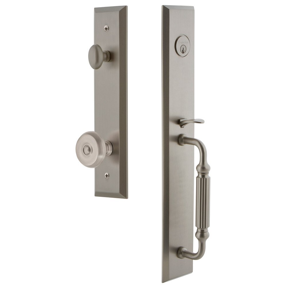 Grandeur One-Piece Handleset with F Grip and Bouton Knob in Satin Nickel