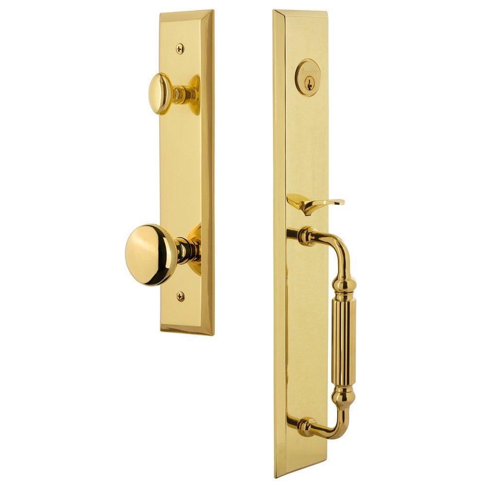 Grandeur One-Piece Handleset with F Grip and Knob in Lifetime Brass
