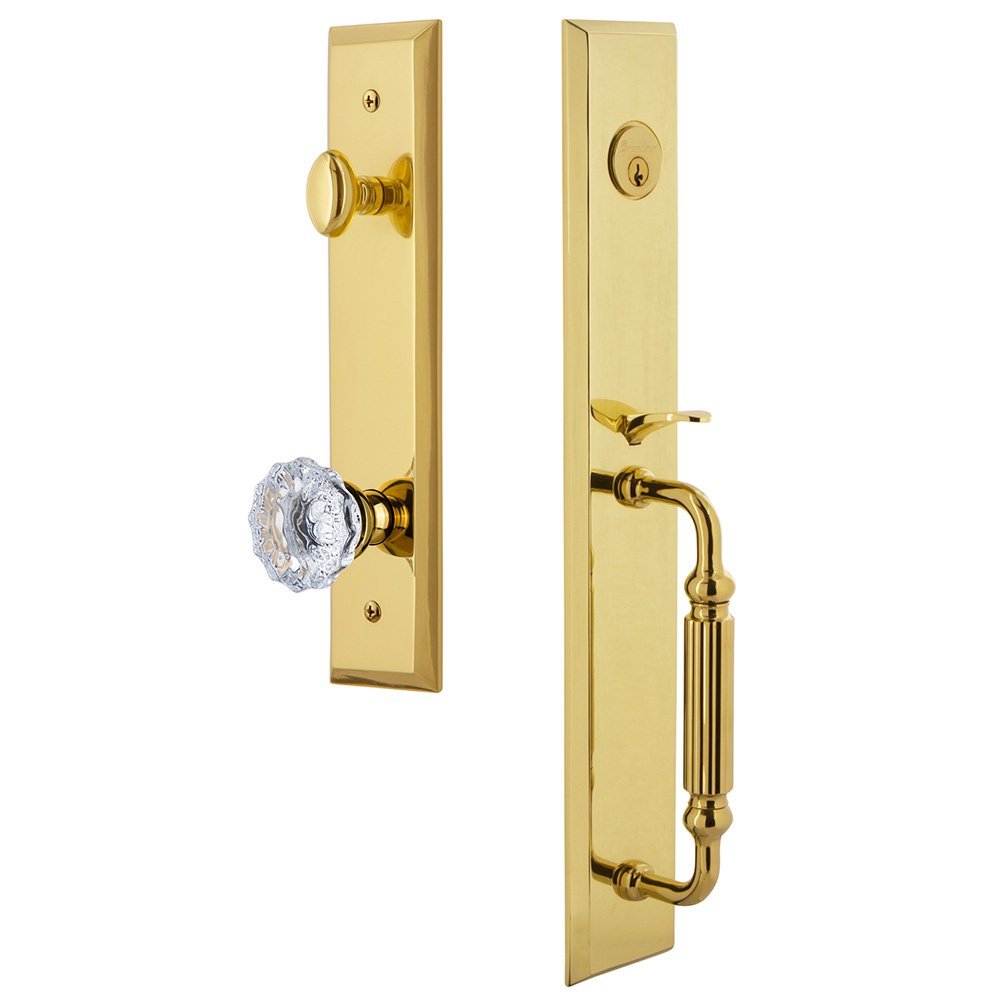 Grandeur One-Piece Handleset with F Grip and Fontainebleau Knob in Lifetime Brass
