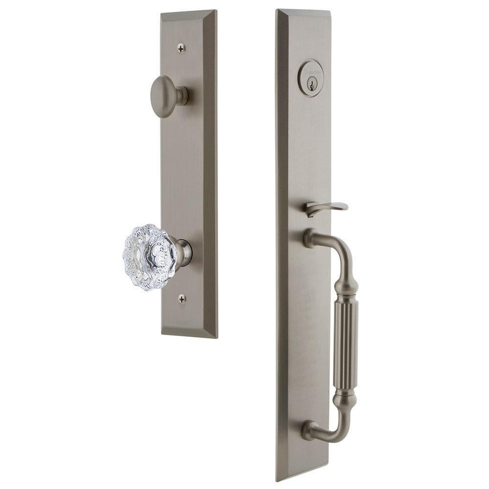 Grandeur One-Piece Handleset with F Grip and Fontainebleau Knob in Satin Nickel