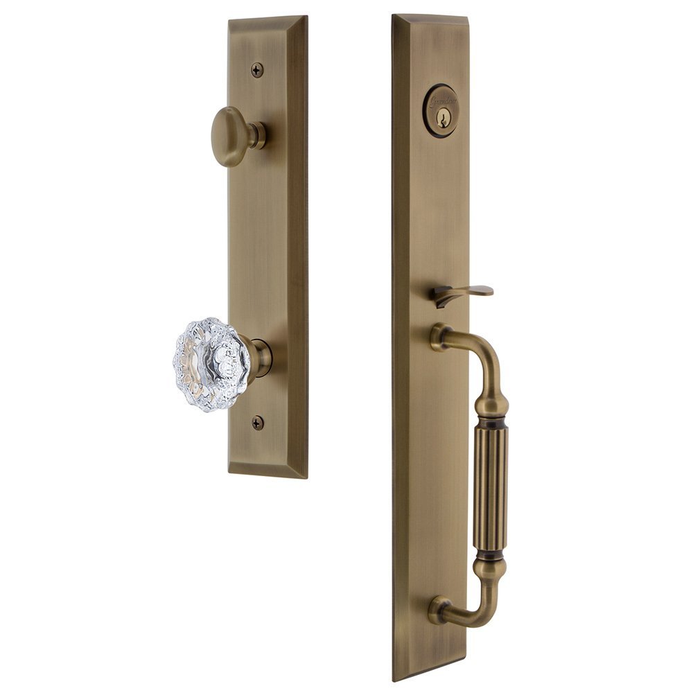 Grandeur One-Piece Handleset with F Grip and Fontainebleau Knob in Vintage Brass