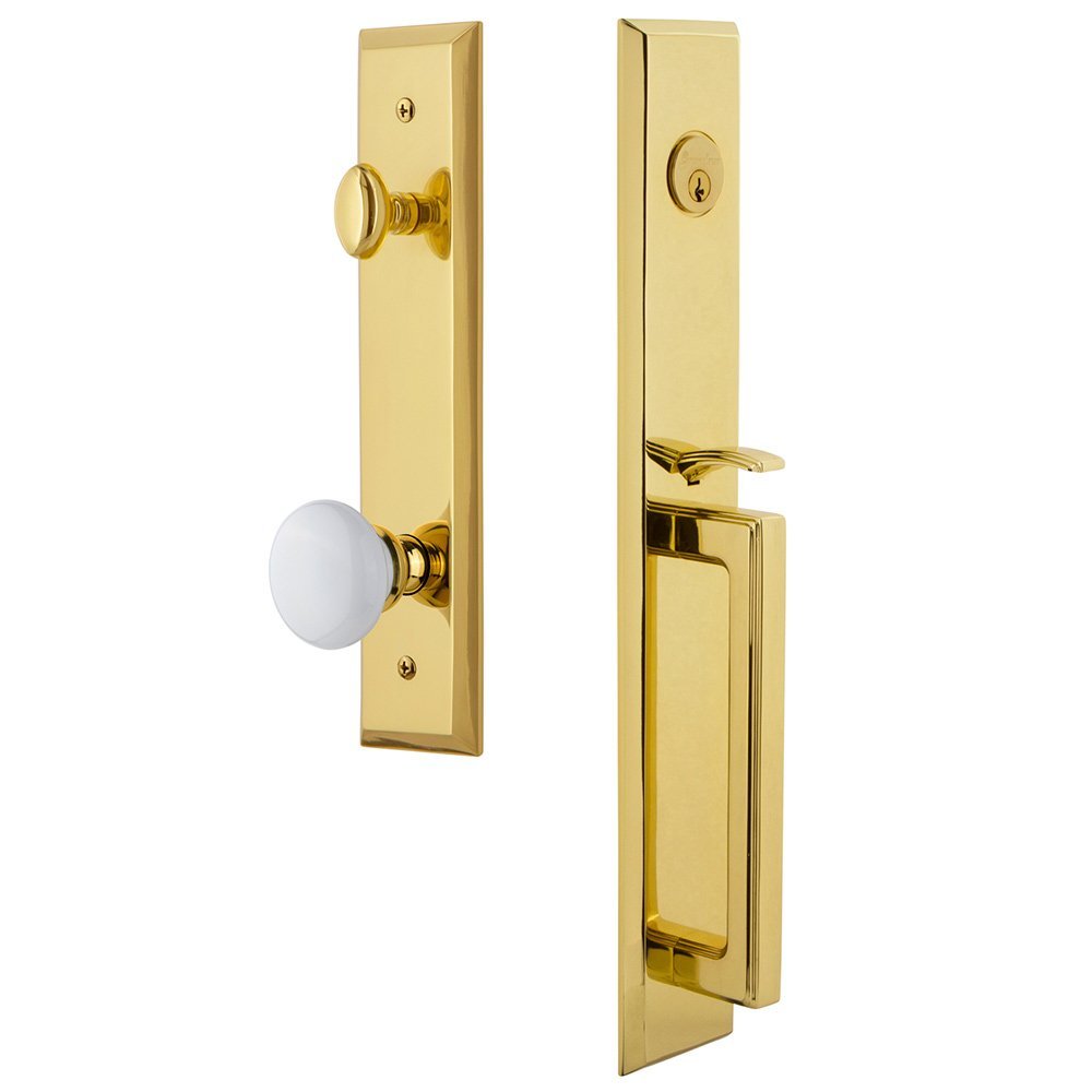 Grandeur One-Piece Handleset with D Grip and Hyde Park Knob in Lifetime Brass