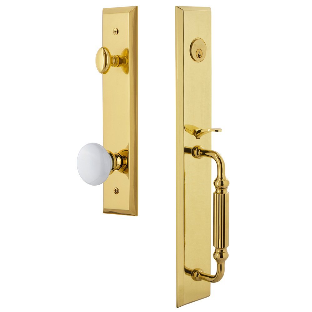 Grandeur One-Piece Handleset with F Grip and Hyde Park Knob in Lifetime Brass