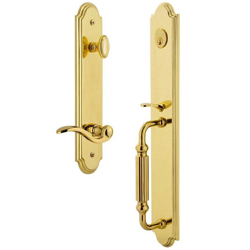 Grandeur Arc One-Piece Handleset with F Grip and Bellagio Right Handed Lever in Lifetime Brass